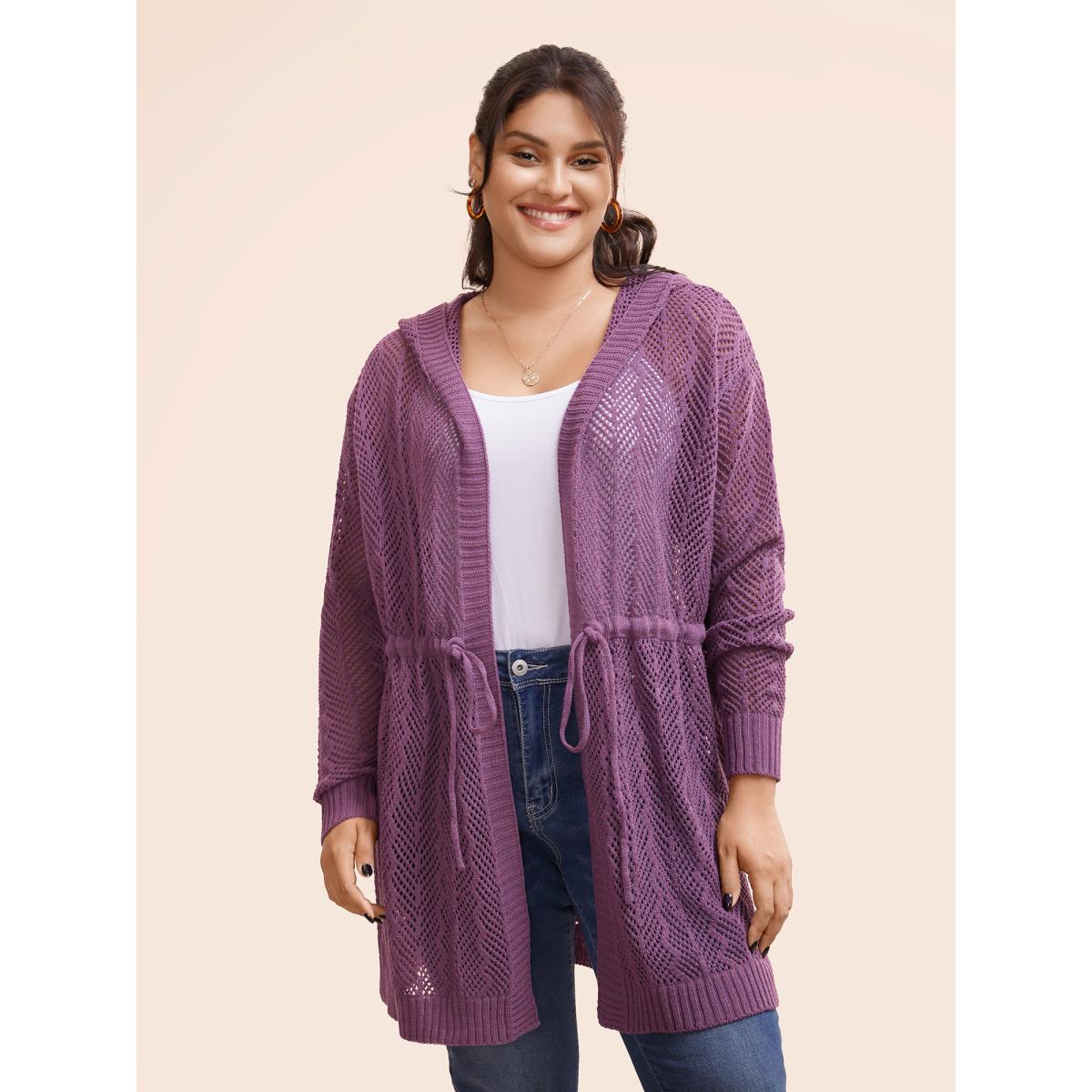 Plus Size Plain Hooded Drawstring Drop Shoulder Cardigan Eggplant Women Leisure Loose Long Sleeve Casual Cardigans BloomChic 10/M Product Image