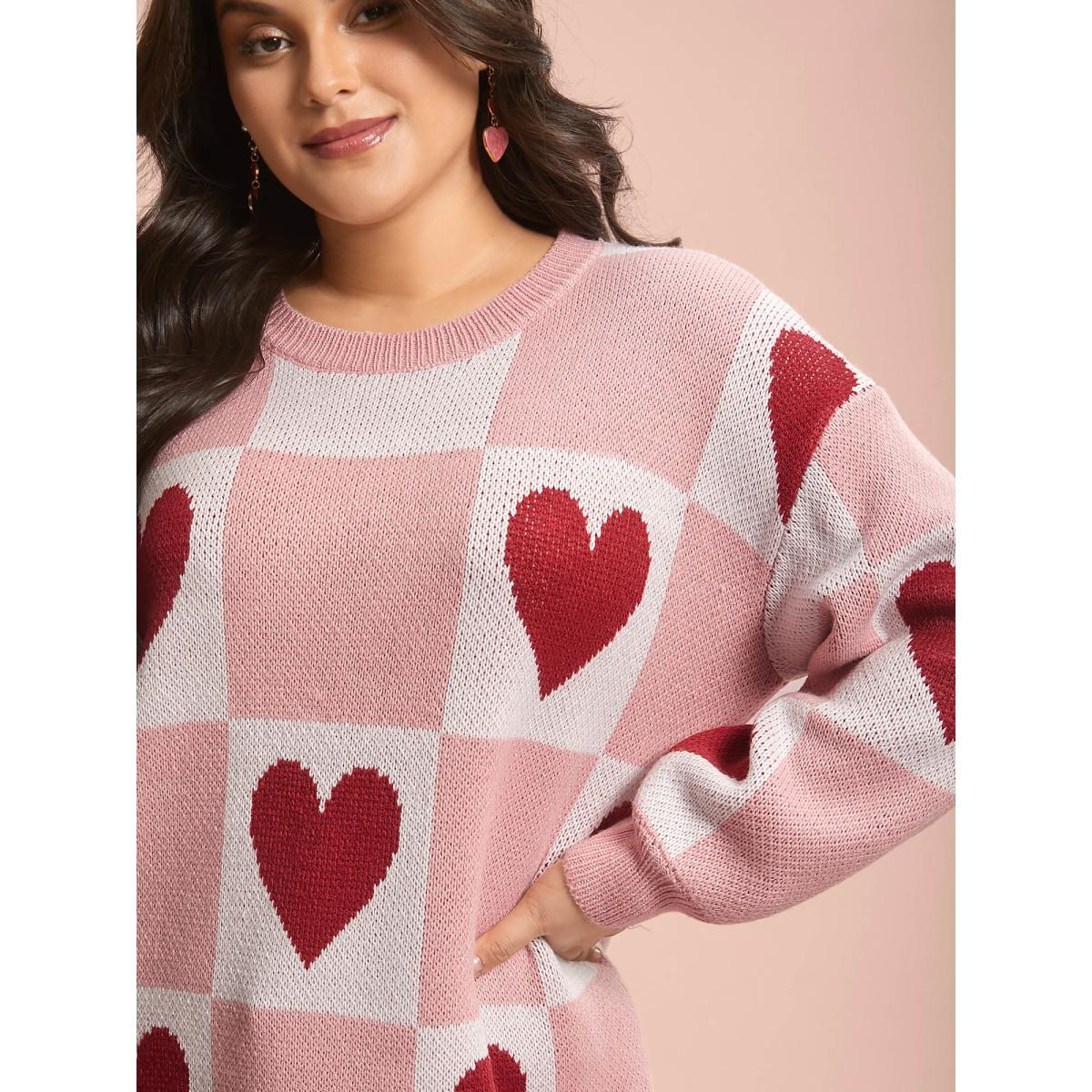 Plus Size Checkered Hearts Jacquard Color-Contrast Pullover Watermelon Women Casual Loose Long Sleeve Round Neck Everyday Pullovers BloomChic 28/5X Product Image