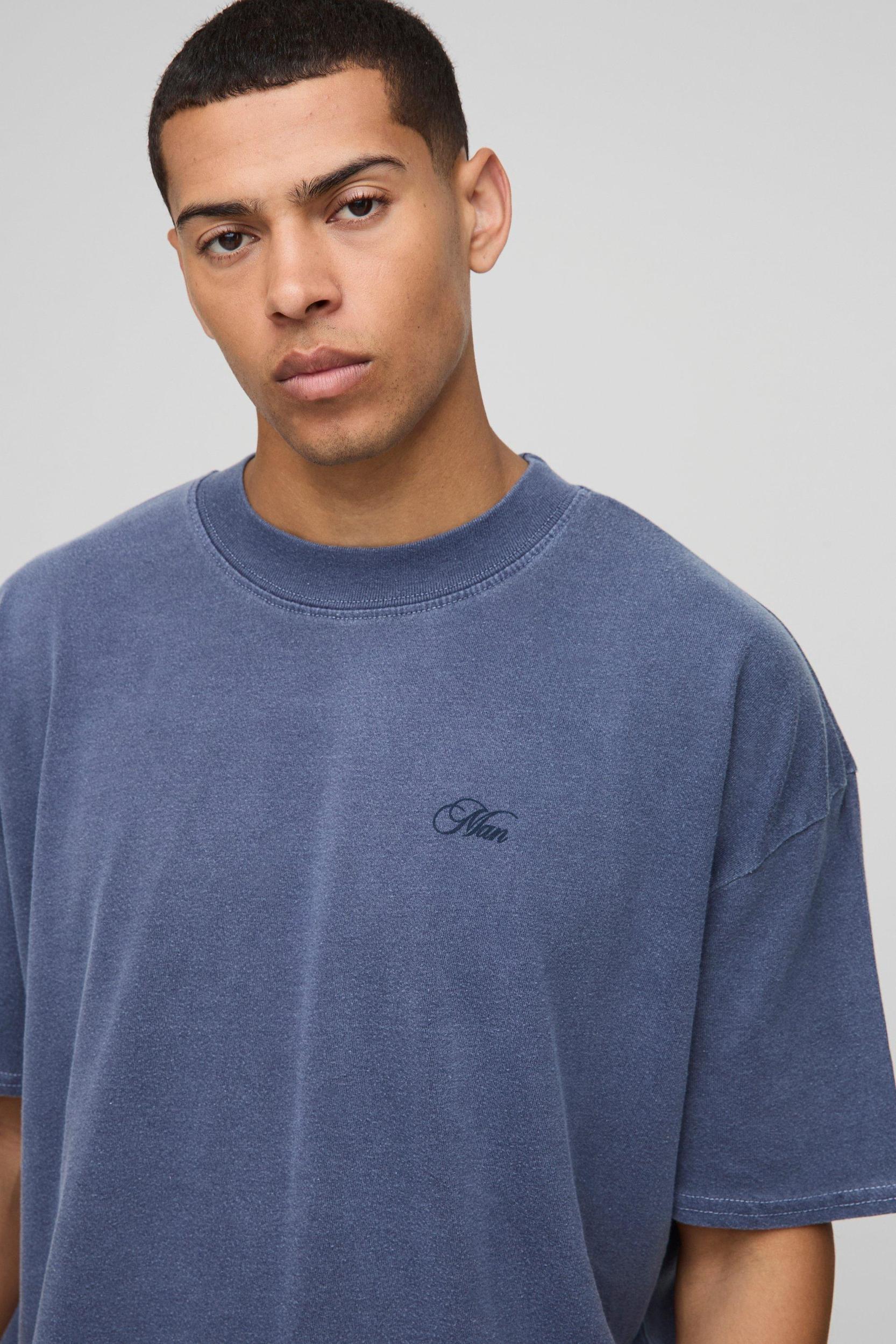 Oversized Man Script Washed T-Shirt And Short Set | boohooMAN USA Product Image