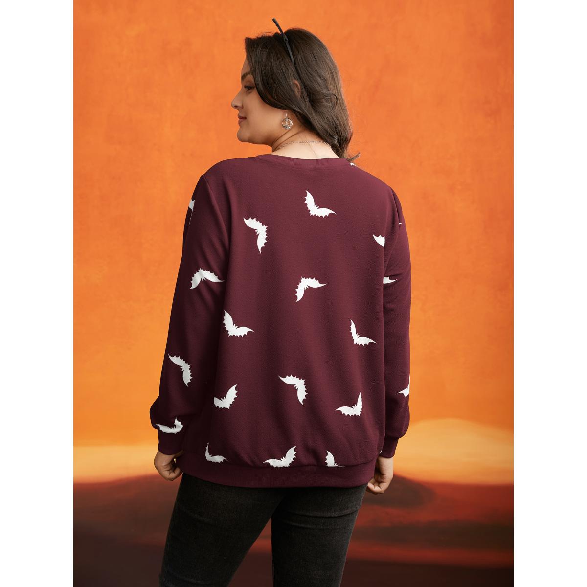 Plus Size Bat Print V-Neck Sweatshirt Women Scarlet Casual Patchwork Loose V-neck Everyday Sweatshirts BloomChic 22-24/3X Product Image