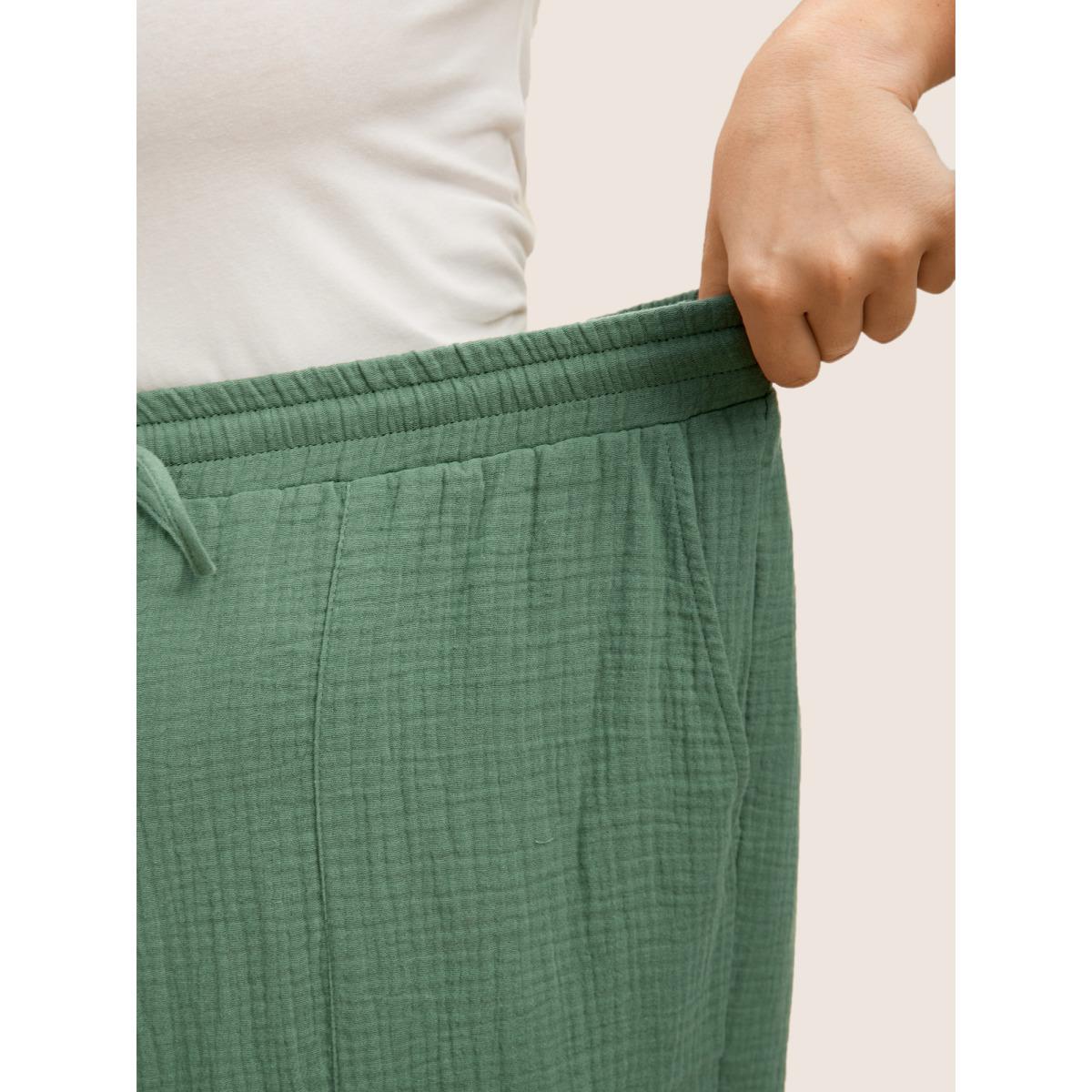 Plus Size Plain Textured Drawstring Wide Leg Pants Women Emerald Casual Wide Leg Mid Rise Everyday Pants BloomChic 10/M Product Image