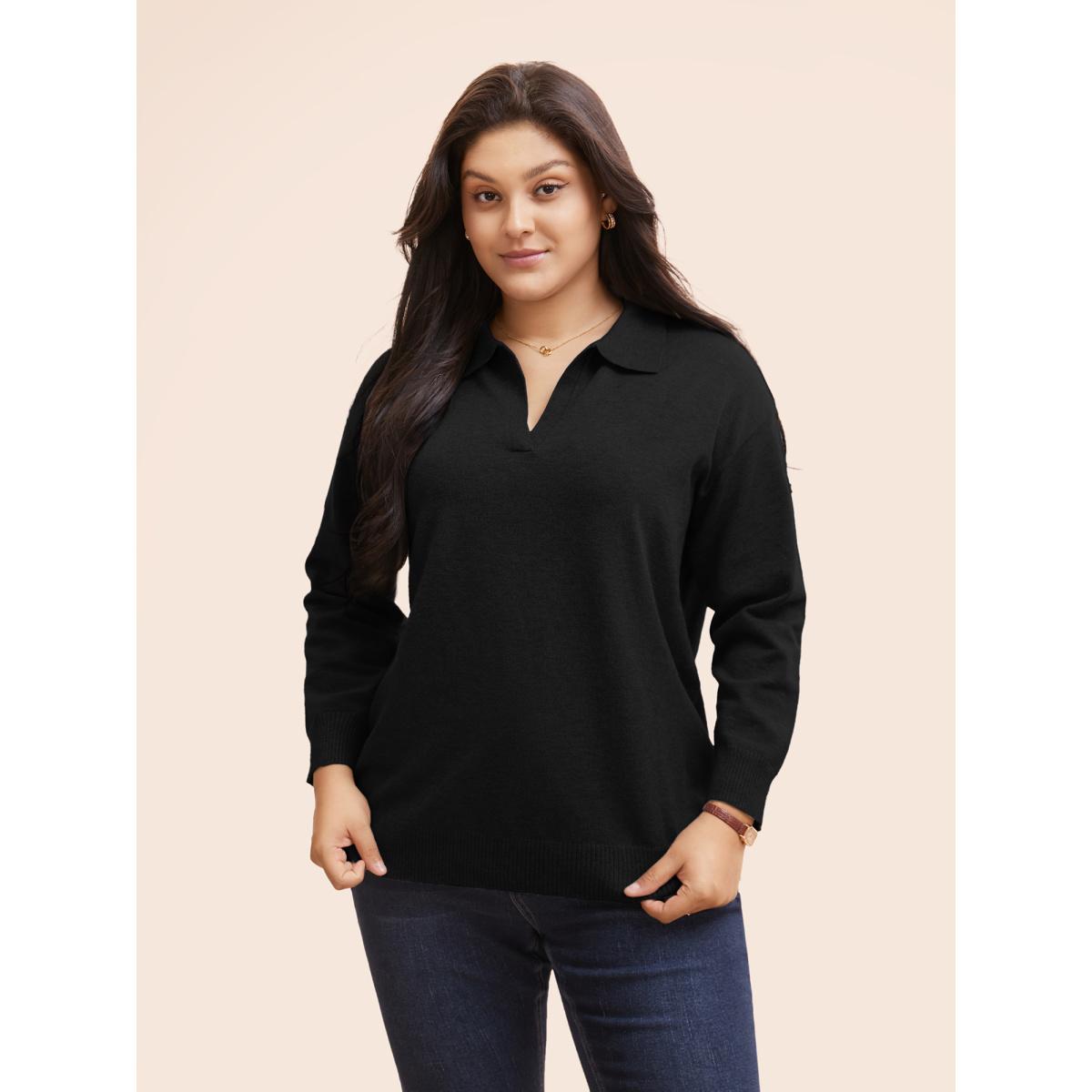 Plus Size Polo Neck Drop Shoulder Sleeve Soft Pullover Black Women Casual Long Sleeve Polo Everyday Pullovers BloomChic 26/4X Product Image