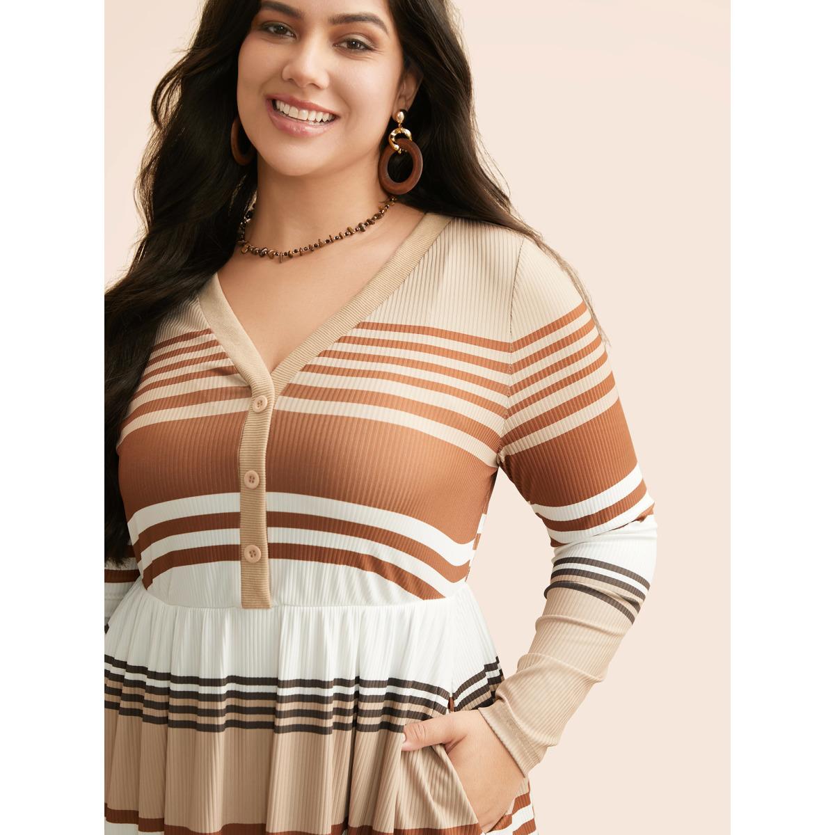 Plus Size Contrast Striped V Neck Midi Dress Yellowishbrown Women Elegant Texture V-neck Extra Long Sleeve Curvy BloomChic 26/4X Product Image