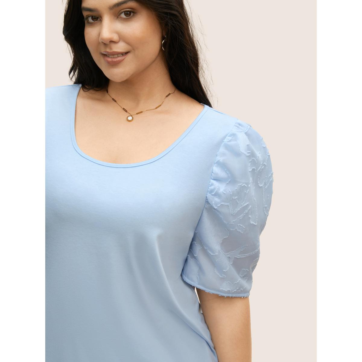 Plus Size U Neck Chiffon Patchwork Bishop Sleeve T-shirt LightBlue Women Elegant Gathered U-neck Everyday T-shirts BloomChic 22-24/3X Product Image