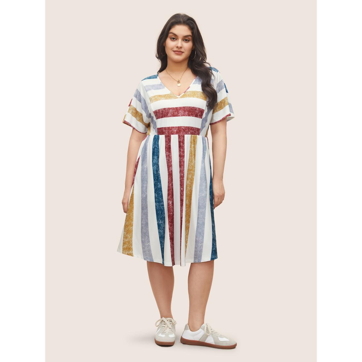 Plus Size Color Striped Pocket Batwing Sleeve Dress Multicolor Women Casual Non V-neck Short sleeve Curvy Midi Dress BloomChic 18-20/2X Product Image