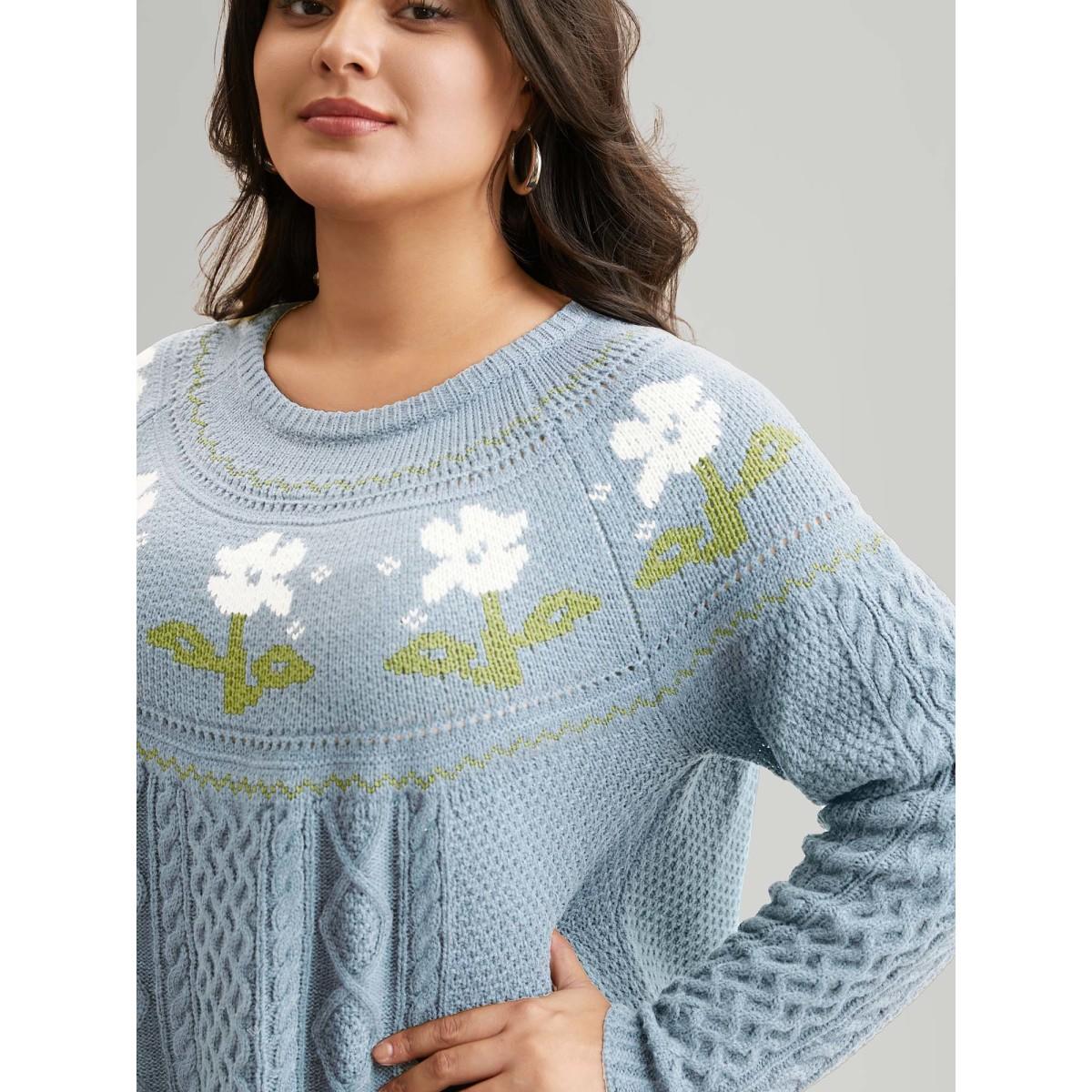 Plus Size Floral Jacquard Raglan Sleeve Pullover LightBlue Women Casual Long Sleeve Round Neck Everyday Pullovers BloomChic 12/L Product Image