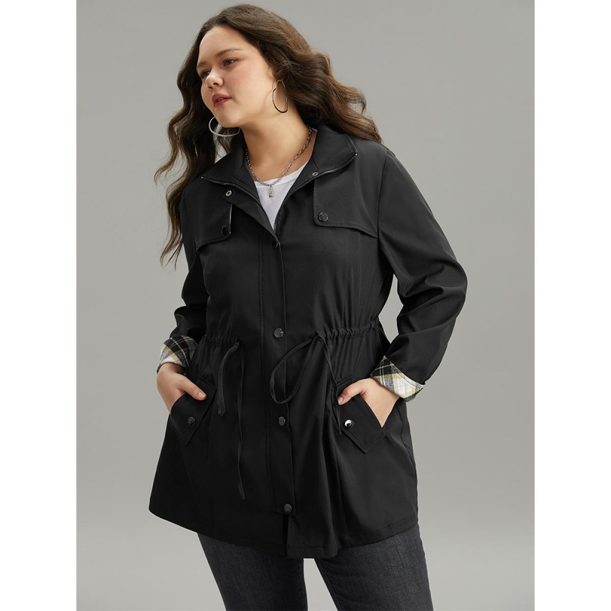 Plus Size Wind-Resistant Plaid Patchwork Drawstring Zipper Coat Women Black Contrast Pocket Dailywear Jackets BloomChic 10/M Product Image
