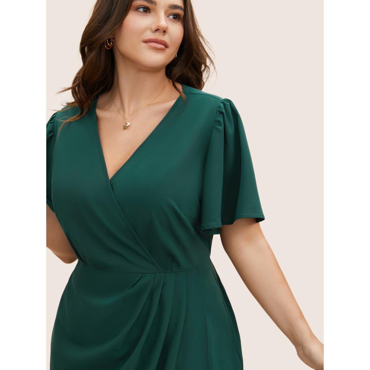 Plus Size Solid Pleated Ruffle Sleeve Wrap Hem Dress DarkGreen Women Elegant Gathered Overlap Collar Short sleeve Curvy BloomChic 22-24/3X Product Image