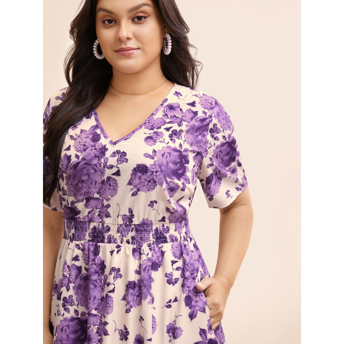 Plus Size Floral Print Split Side Shirred Dress BlueViolet Women Elegant Shirred V-neck Short sleeve Curvy BloomChic 18-20/2X Product Image