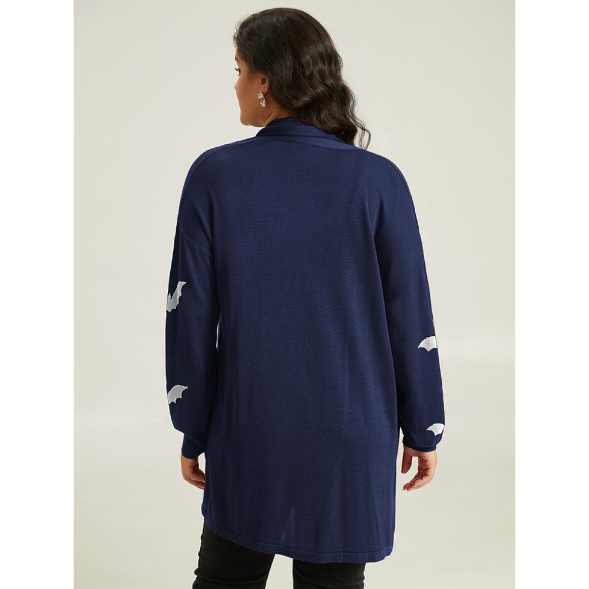 Plus Size Supersoft Essentials Halloween Bat Pattern Lapel Collar Cardigan Indigo Women Playful Loose Long Sleeve Casual Cardigans BloomChic 18-20/2X Product Image