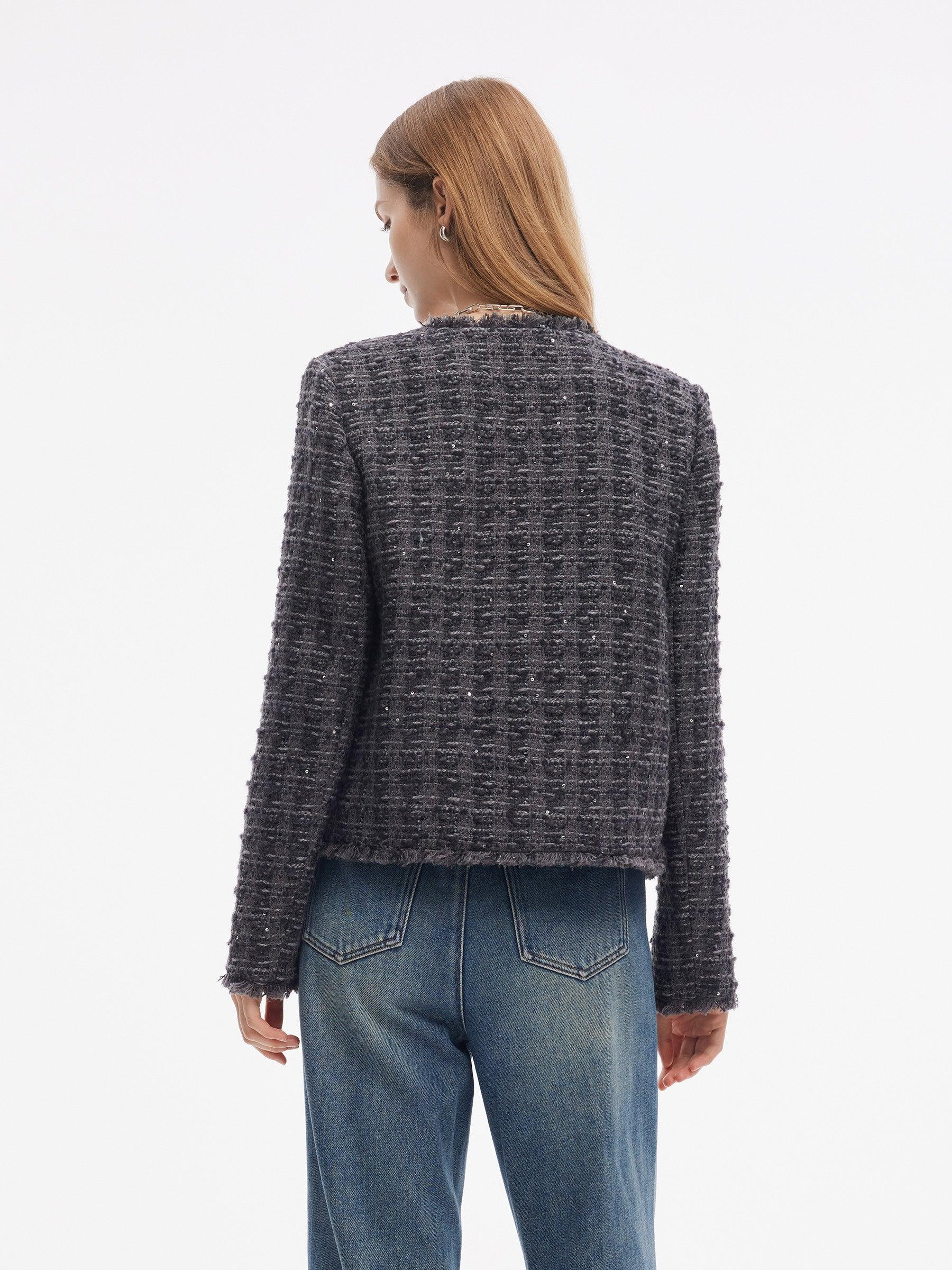 Wool Blend Sequins Tweed Women Frayed Edge Crop Jacket Product Image