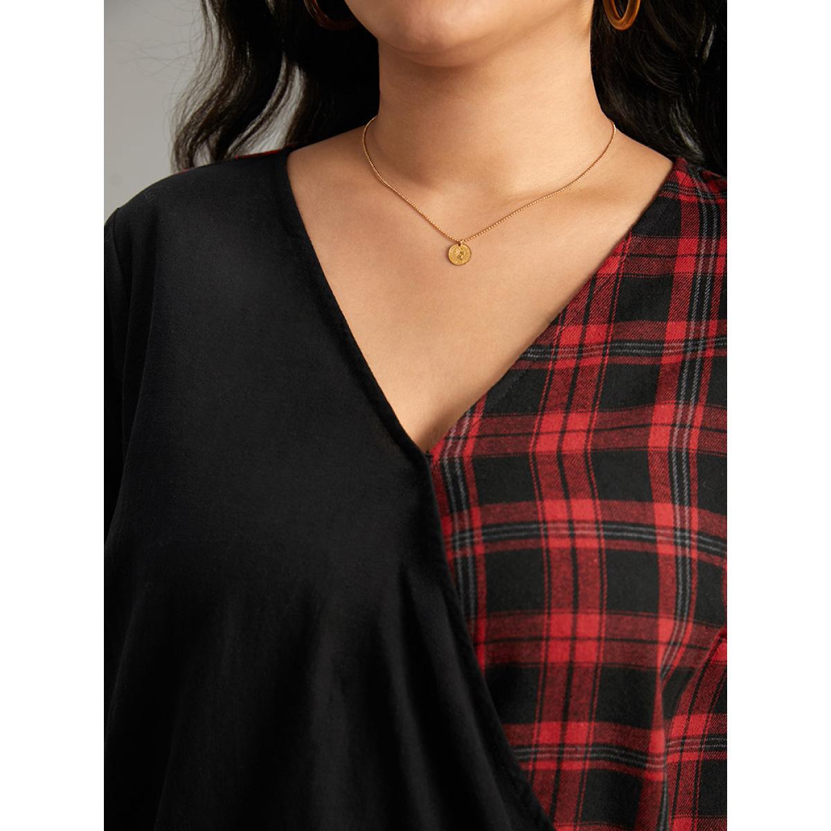 Plus Size Black Plaid Patchwork Wrap Tab Sleeve Blouse Women Casual Elbow-length sleeve V-neck Everyday Blouses BloomChic 12/L Product Image