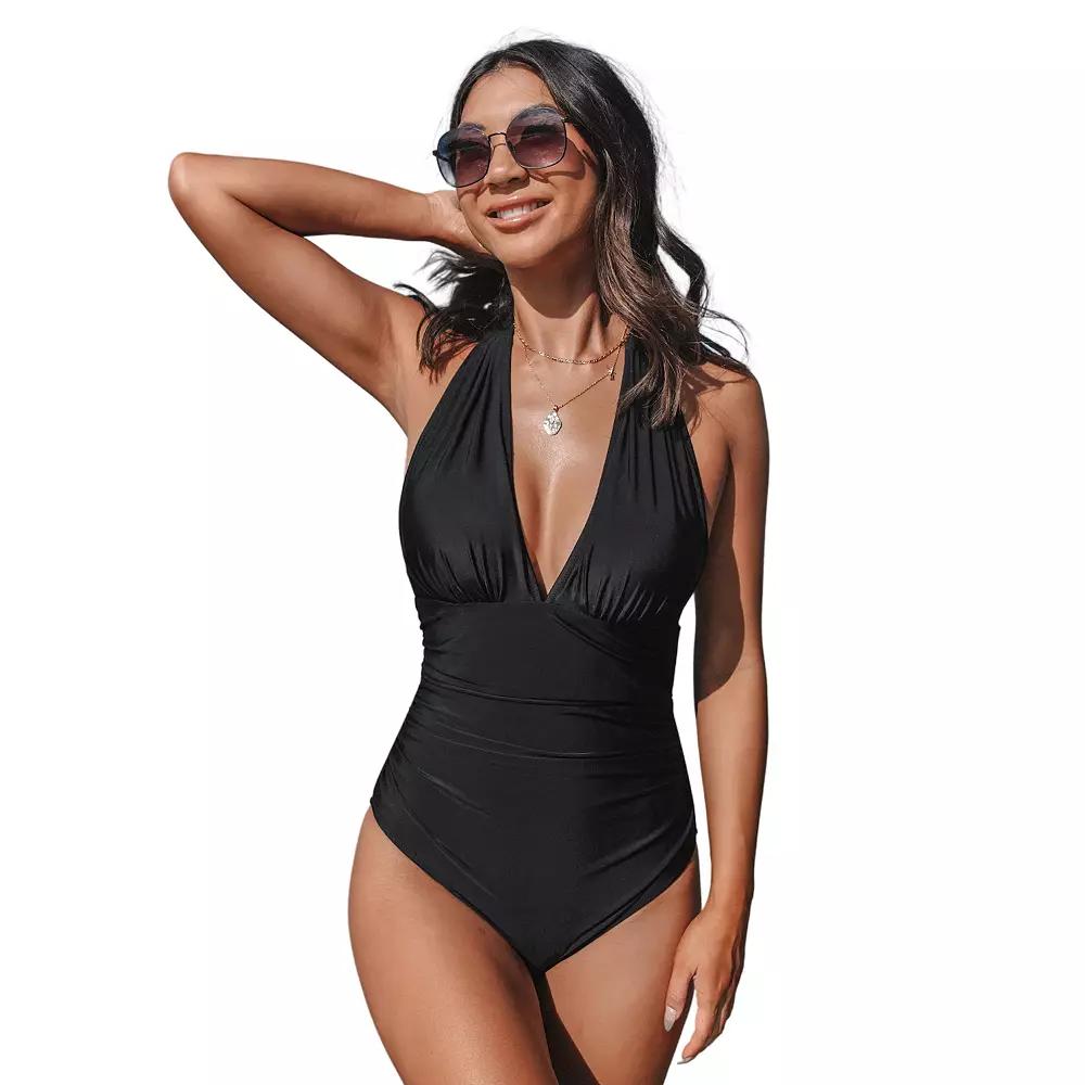 Women's Cupshe Backless One-Piece Halter Swimsuit, Size: Large, Black Product Image