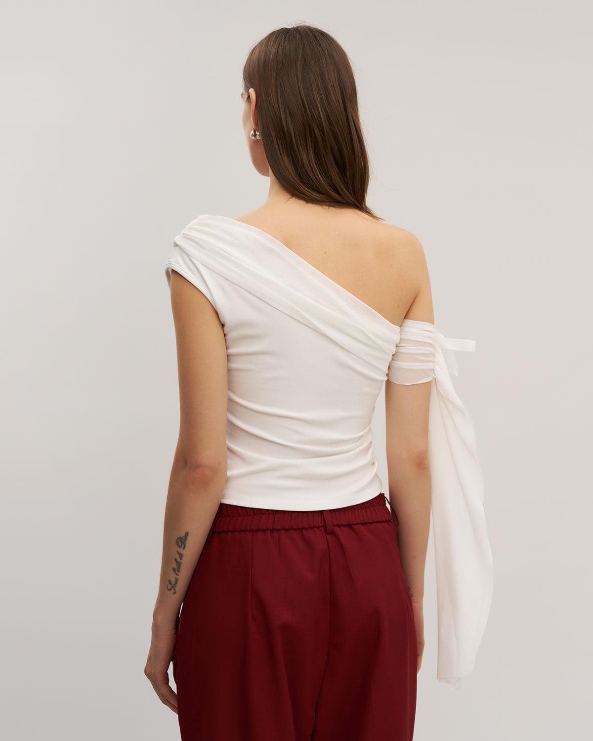 White Mesh One Shoulder Tee Product Image