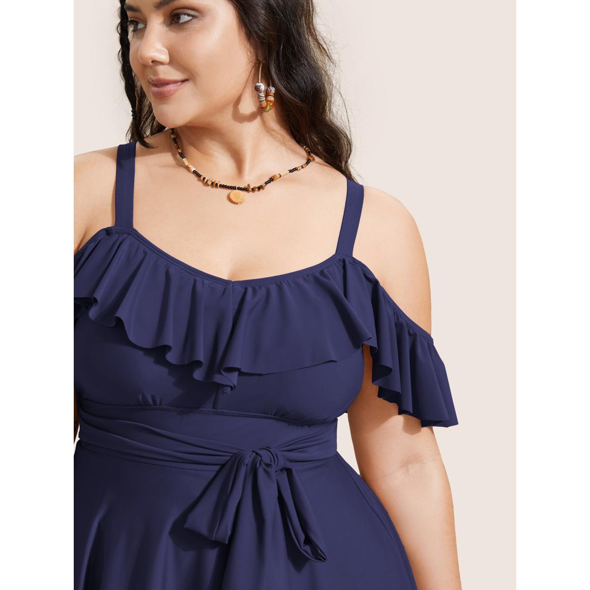 Plus Size Solid Cold Shoulder Ruffles Tie Knot Swim Dress Women's Swimwear Indigo Beach Bodycon One-shoulder neck High stretch Curve Swim Dresses BloomChic 26/4X Product Image