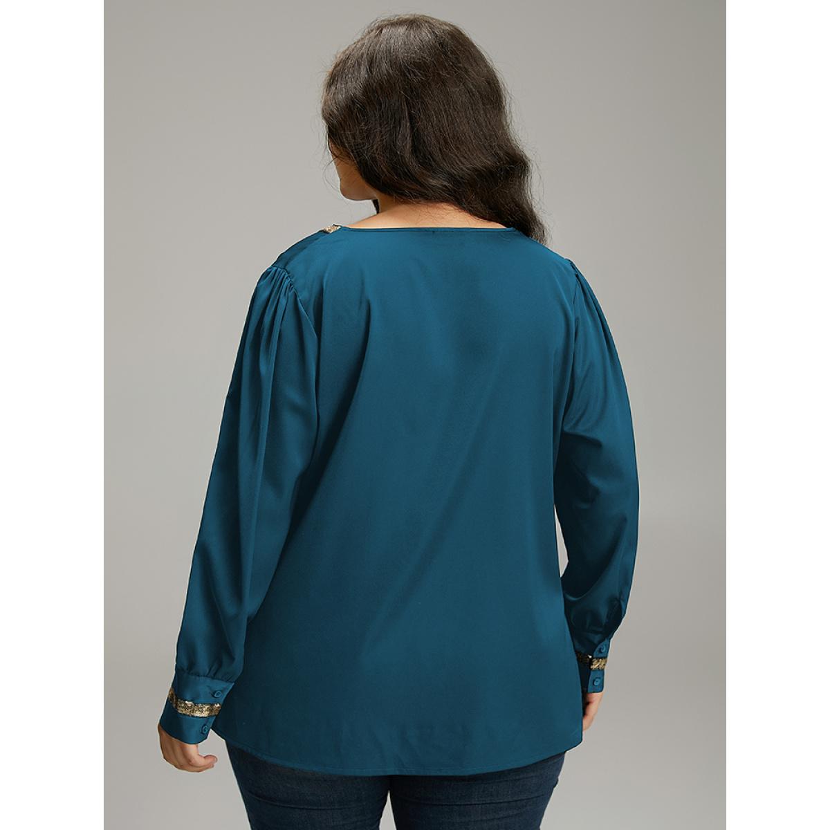 Plus Size Aegean Sequin Patchwork V Neck Blouse Women Glamour Long Sleeve V-neck Party Blouses BloomChic 18-20/2X Product Image