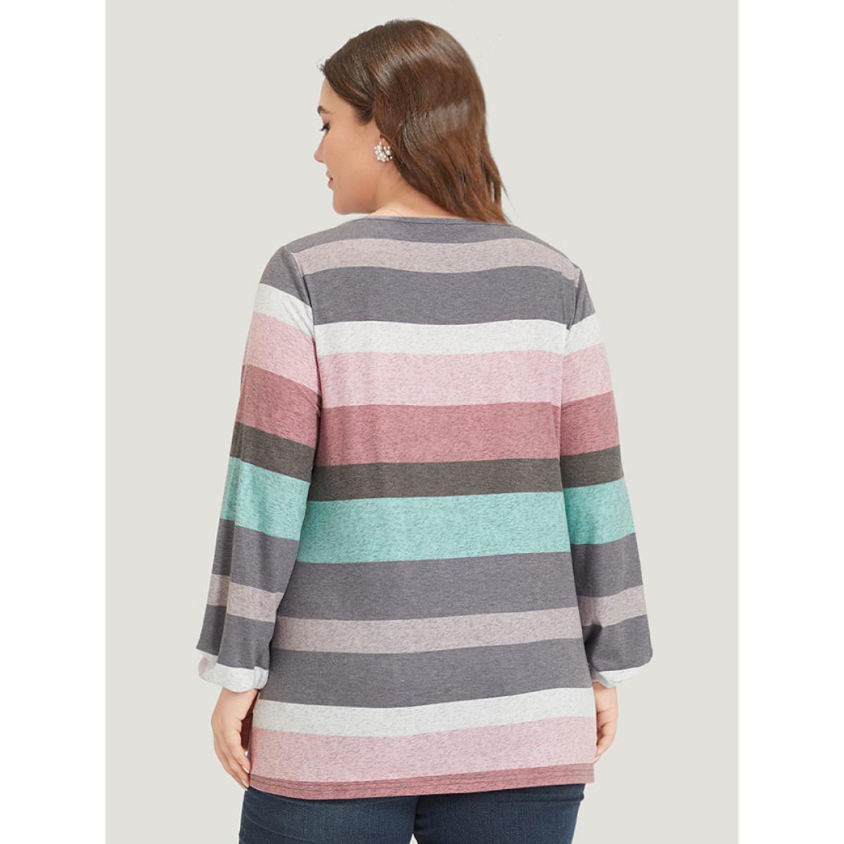 Plus Size Colour Striped Contrast Crisscross Lantern Sleeve T-shirt Multicolor Women Casual Elastic cuffs Striped V-neck Dailywear T-shirts BloomChic 18-20/2X Product Image