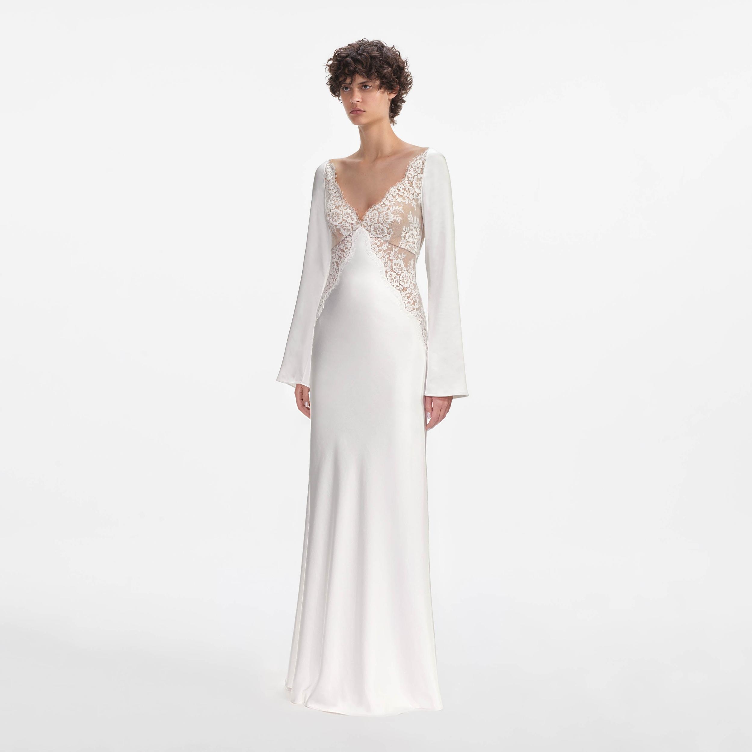 White Lace Satin Long Sleeve Maxi Dress Product Image