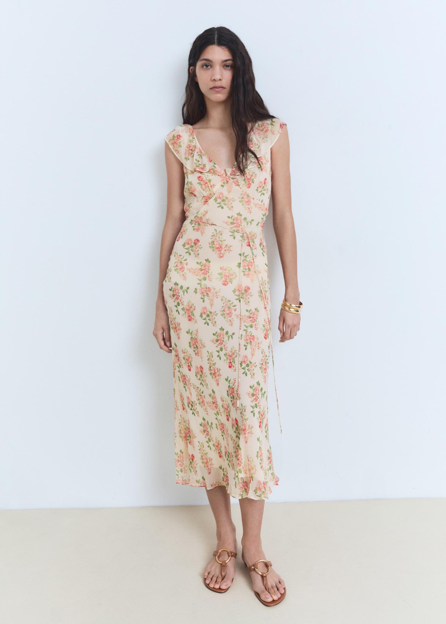 Floral midi-dress with bow - Women | MANGO USA Product Image