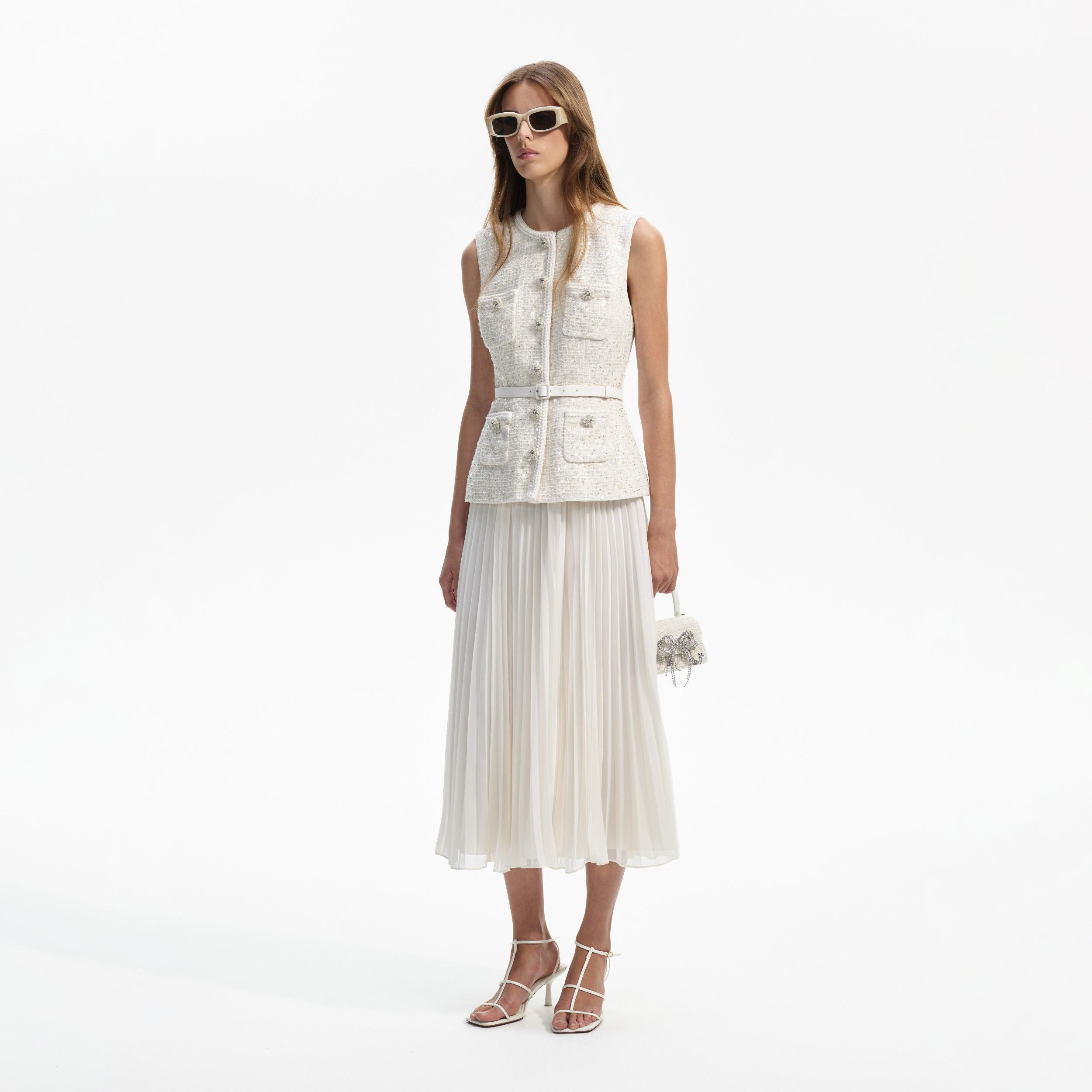 Cream Sequin Boucle Tailored Midi Dress Product Image