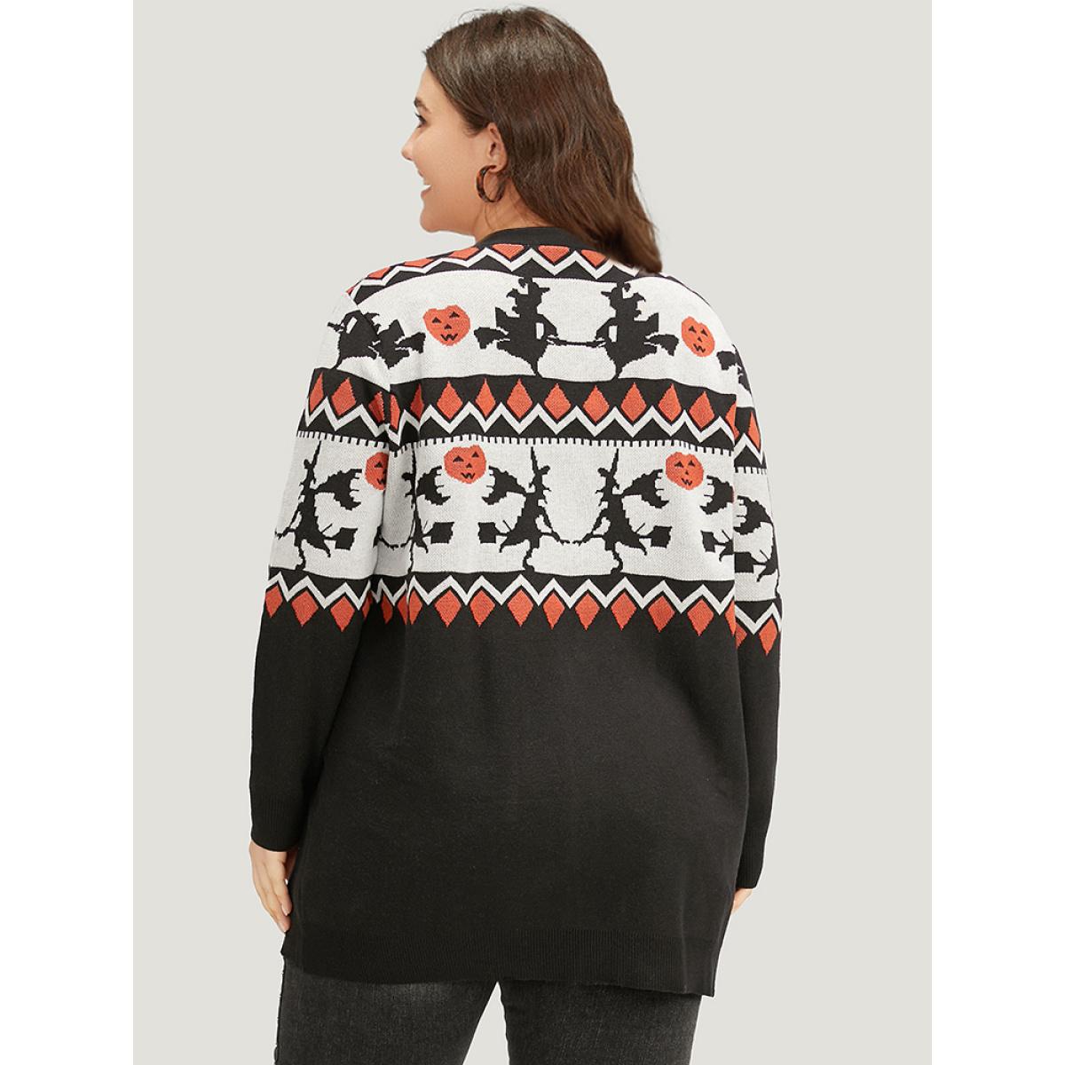 Plus Size Halloween Geo & Witch Print Open Front Cardigan Black Women Casual Loose Long Sleeve Festival-Halloween Cardigans BloomChic 14-16/1X Product Image