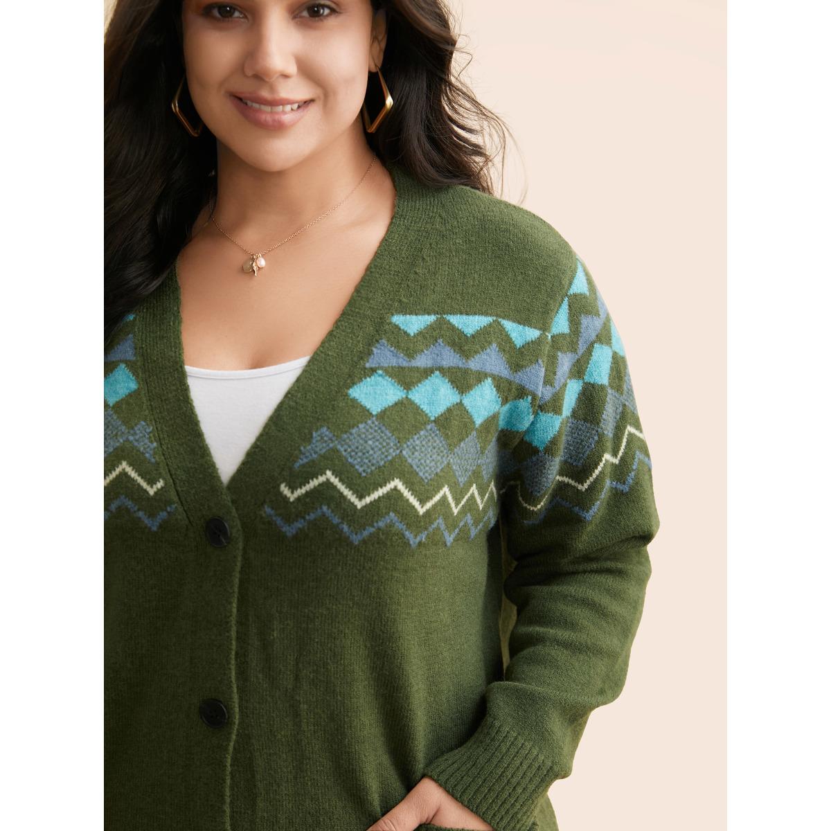 Plus Size Bandana Geometric Patch Pocket Cardigan Moss Women Casual Loose Long Sleeve Everyday Cardigans BloomChic 10/M Product Image