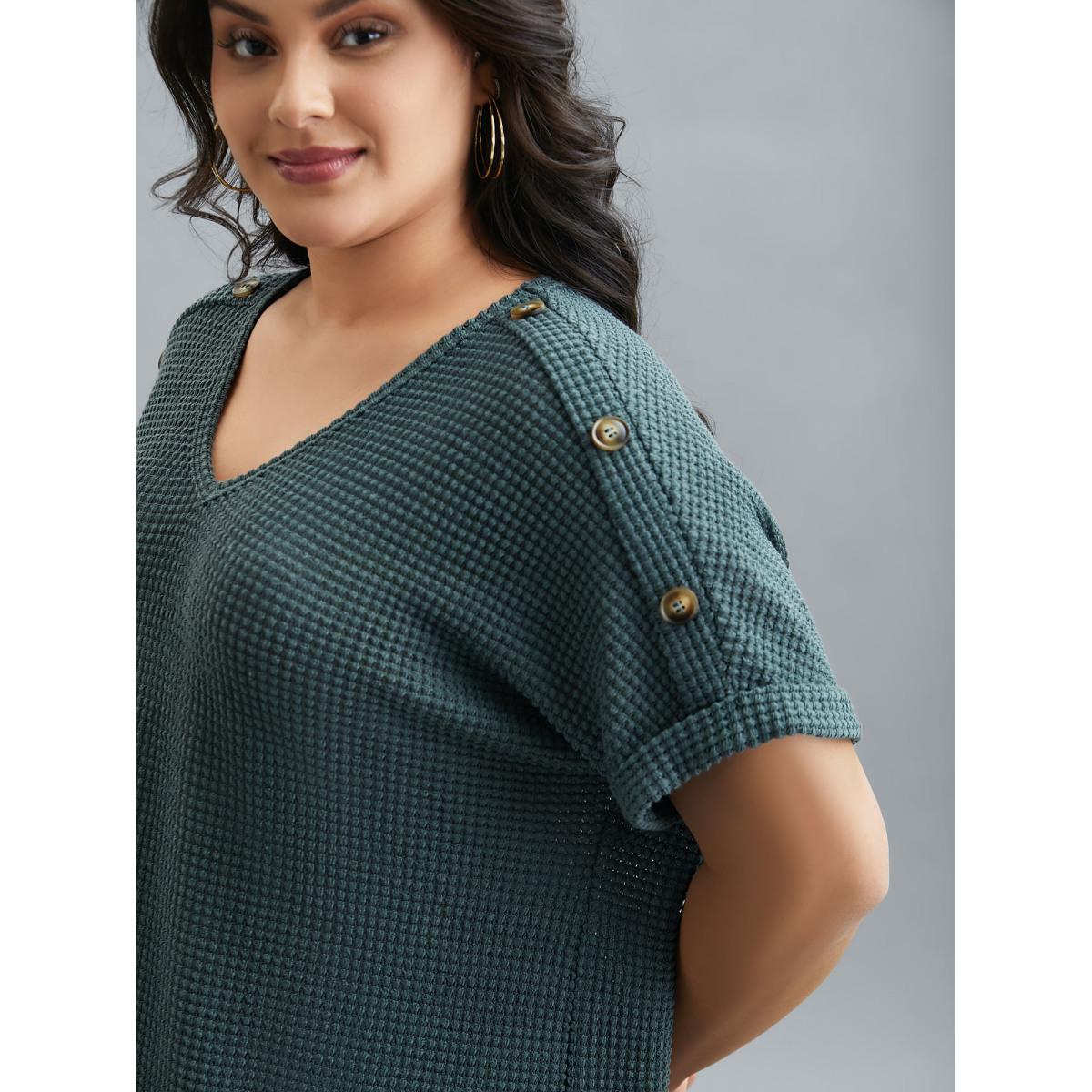 Plus Size Stretchy Buttons Fitted Waffle Knit T-Shirt Teal Women Casual Texture V-neck Everyday T-shirts BloomChic 30/6X Product Image