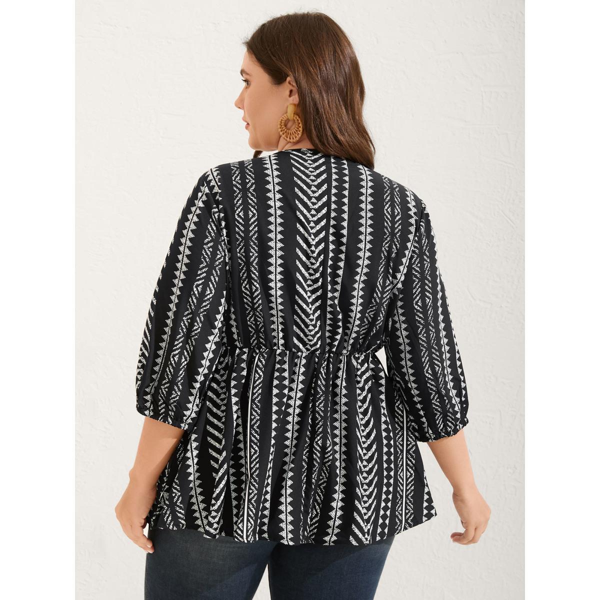 Plus Size Black Bandana Geometric Lantern Sleeve Gathered Blouse Women Boho Elbow-length sleeve V-neck Vacation Blouses BloomChic 30/6X Product Image