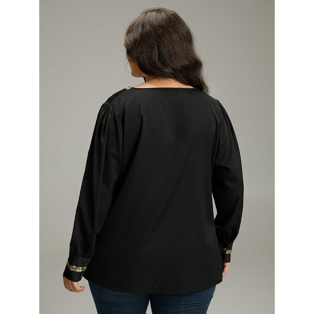 Plus Size Black Sequin Patchwork V Neck Blouse Women Glamour Long Sleeve V-neck Party Blouses BloomChic 28/5X Product Image