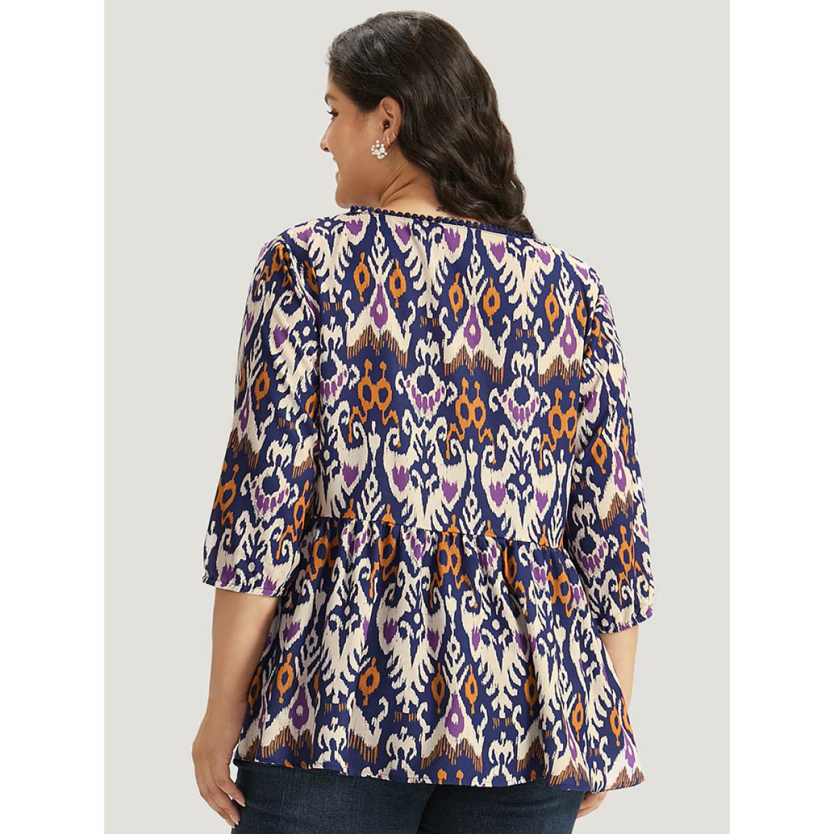 Plus Size Blue Bandana Print Ties Pompom Trim Blouse Women Vacation Elbow-length sleeve V-neck Dailywear Blouses BloomChic 14-16/1X Product Image
