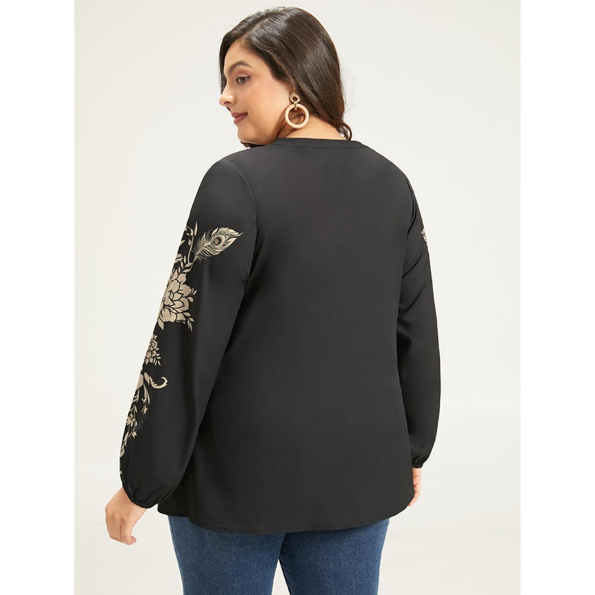 Plus Size Black Floral Print Button Up Lantern Sleeve Blouse Women Elegant Long Sleeve Round Neck Dailywear Blouses BloomChic 12/L Product Image
