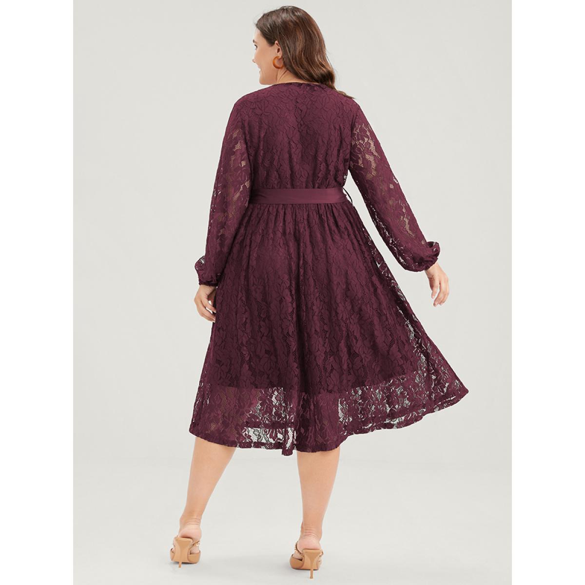 Embroidered Elegant Plus Size Women Going out Plain Midi Dress Ties Slightly Stretchy Lantern Sleeve Long Sleeve V Neck Belt Glamour Dresses BloomChic Product Image