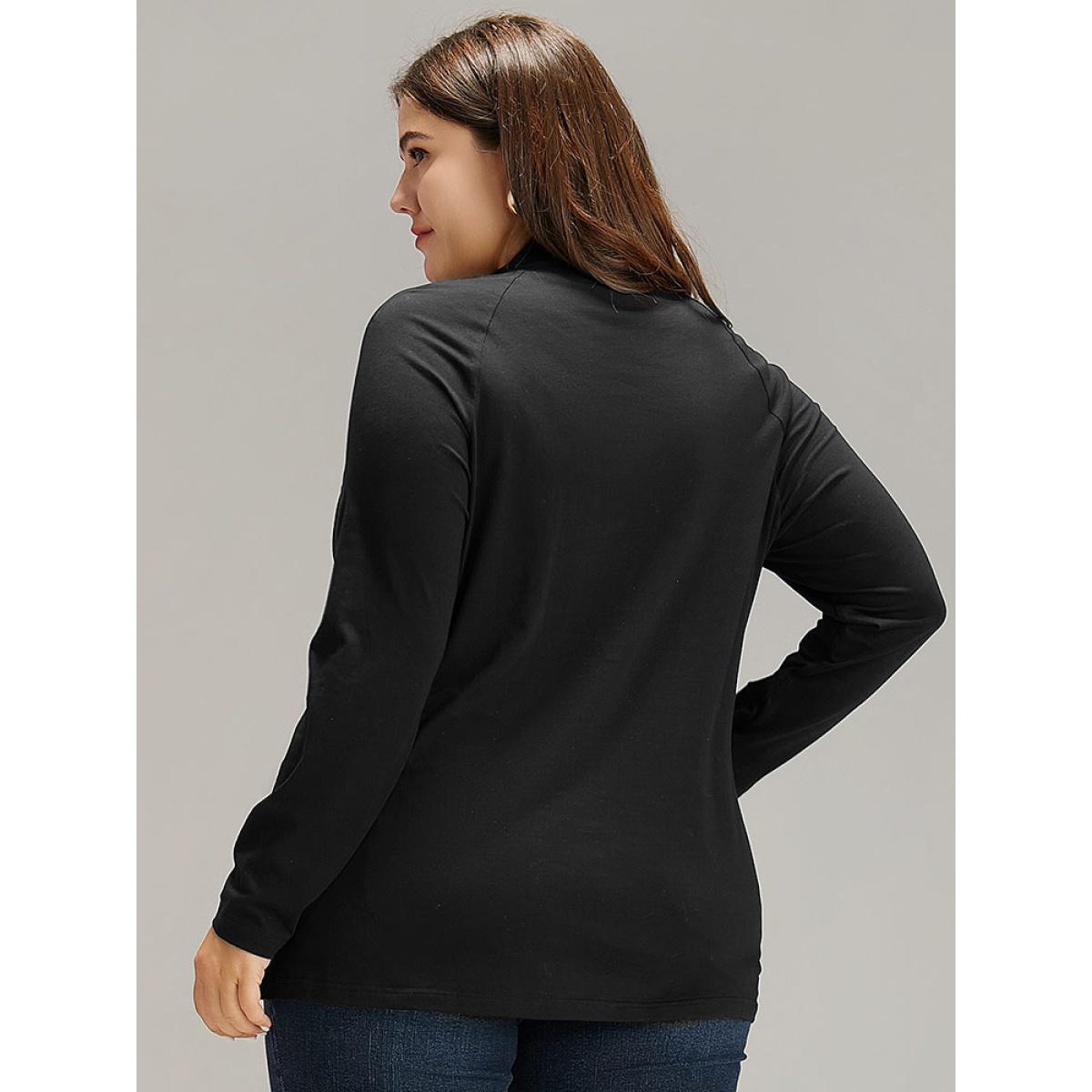 Plus Size Cotton Mock Neck Raglan Sleeve T-shirt Black Women Elegant Plain Plain Mock Neck Dailywear T-shirts BloomChic 10/M Product Image