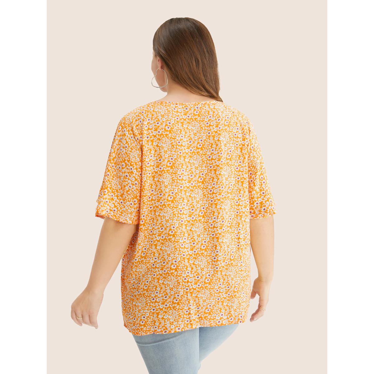 Plus Size Yellow Ditsy Floral Ruffle Sleeve Tie Neck Blouse Women Elegant Short sleeve V-neck Everyday Blouses BloomChic 18-20/2X Product Image