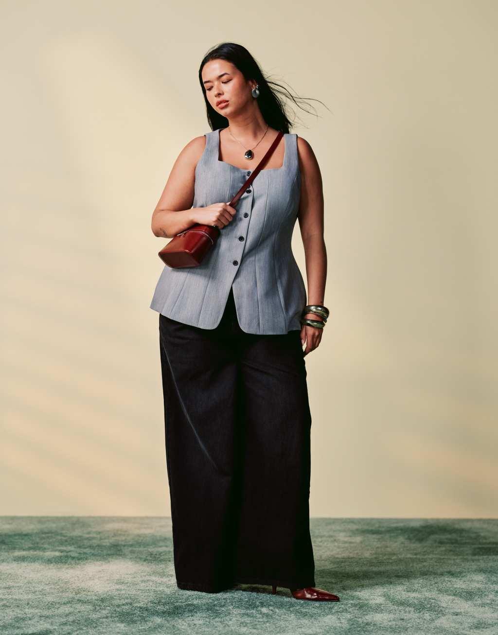 ASOS DESIGN Curve crosshatch corset vest in gray Product Image