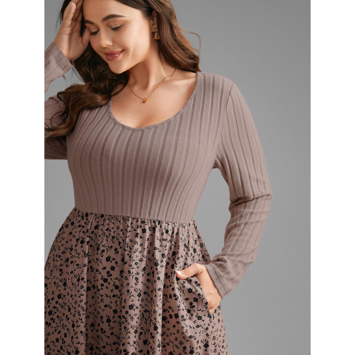 Plus Size Ditsy Floral Patchwork Texture Midi Dress DustyPink Women Elegant Texture V-neck Long Sleeve Curvy BloomChic 10/M Product Image