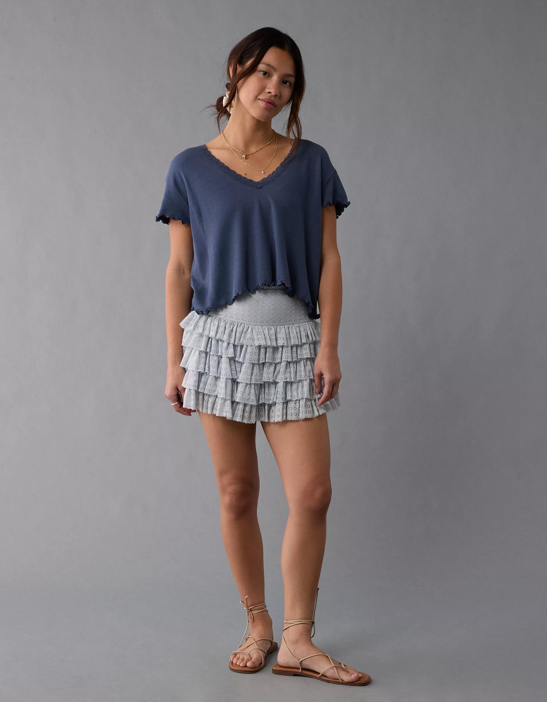 AE Soft & Sexy V-Neck Cropped Waffle T-Shirt Product Image