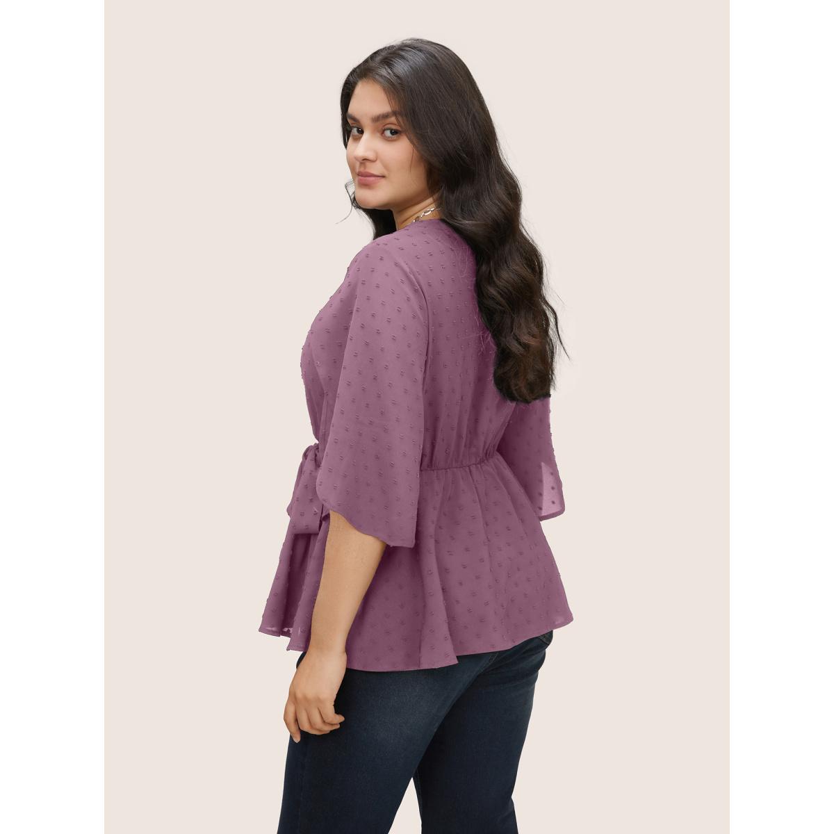 Plus Size Mauve Plain Textured Petal Sleeve Ties Blouse Women Work From Home Elbow-length sleeve Flat collar with V-notch Work Blouses BloomChic 12/L Product Image