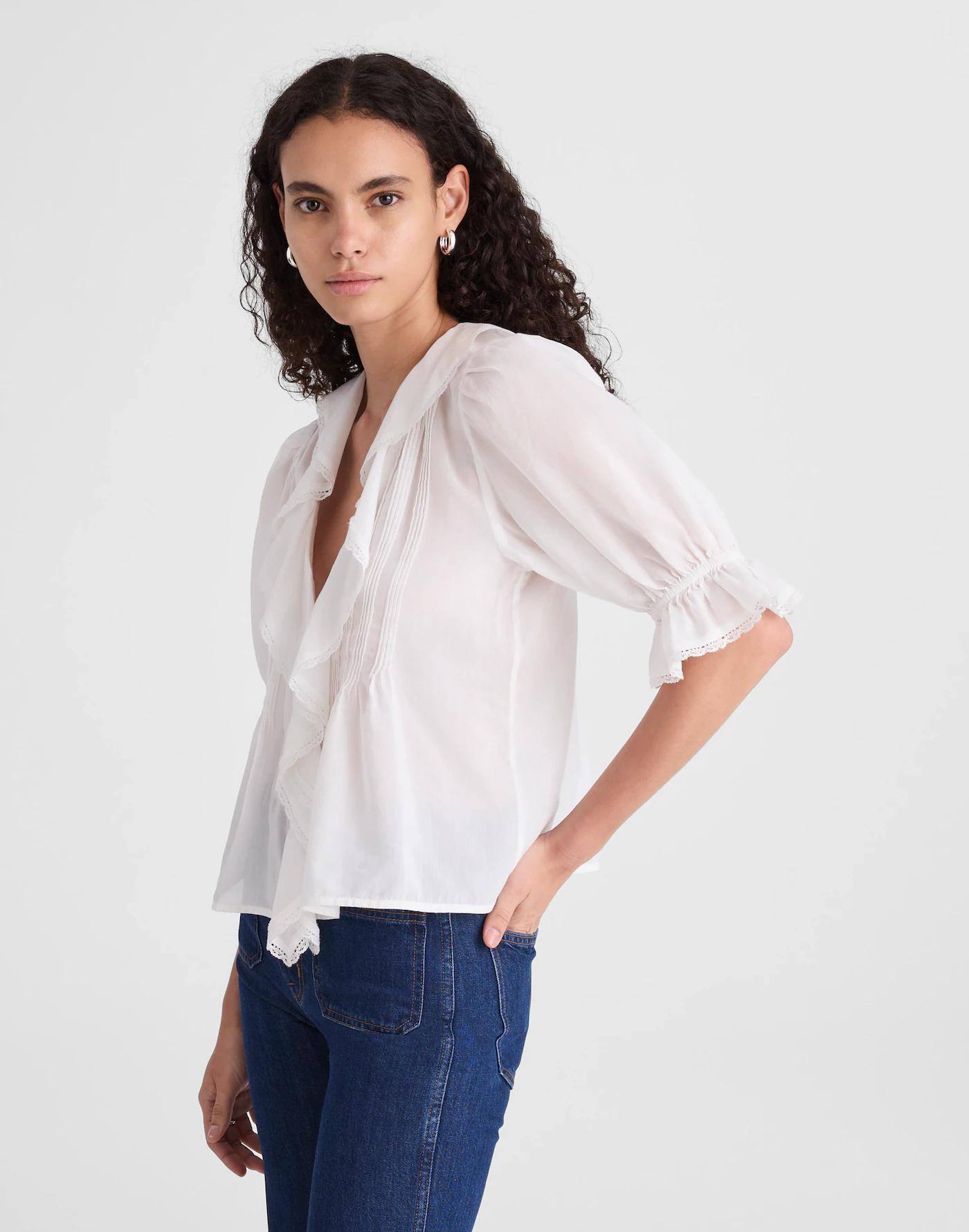 Pintucked Ruffled Puff-Sleeve Top Product Image