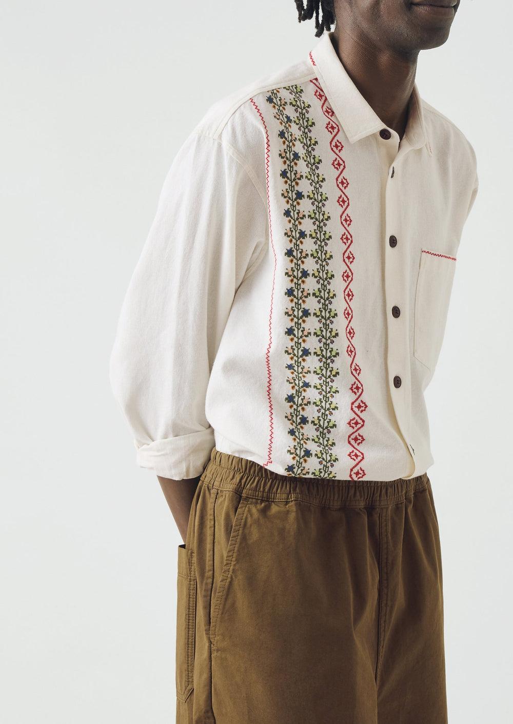 Embroidered Cross Stitch Cotton Shirt | Ecru Product Image