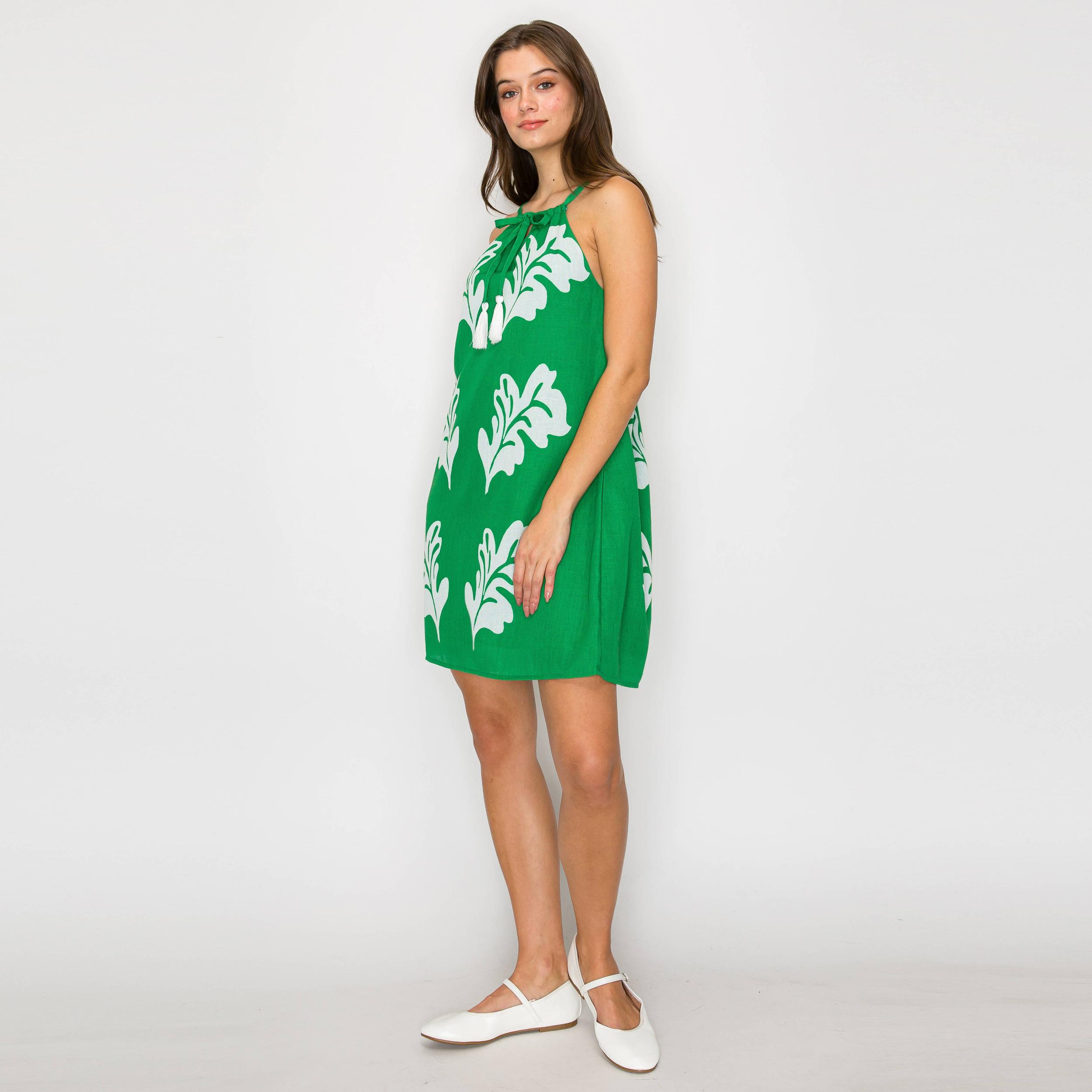 Green Leaves Placement Print Mini Halter Dress Product Image