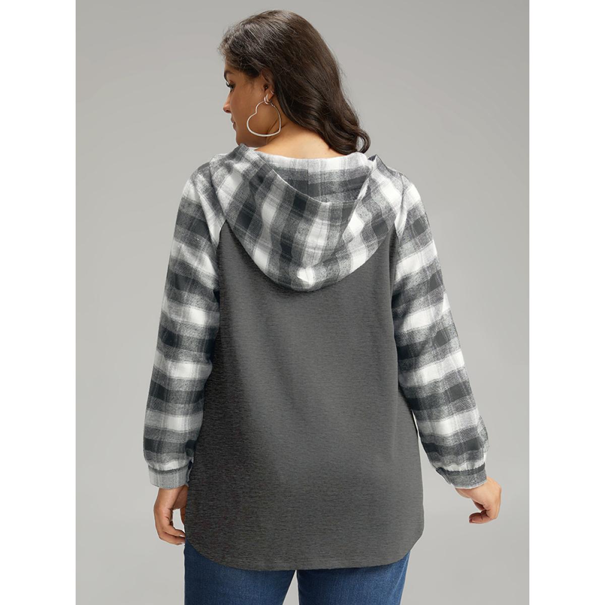 Plus Size Plaid Print Hooded Patchwork Sweatshirt Women DimGray Casual Patchwork Hooded Everyday Sweatshirts BloomChic 28/5X Product Image