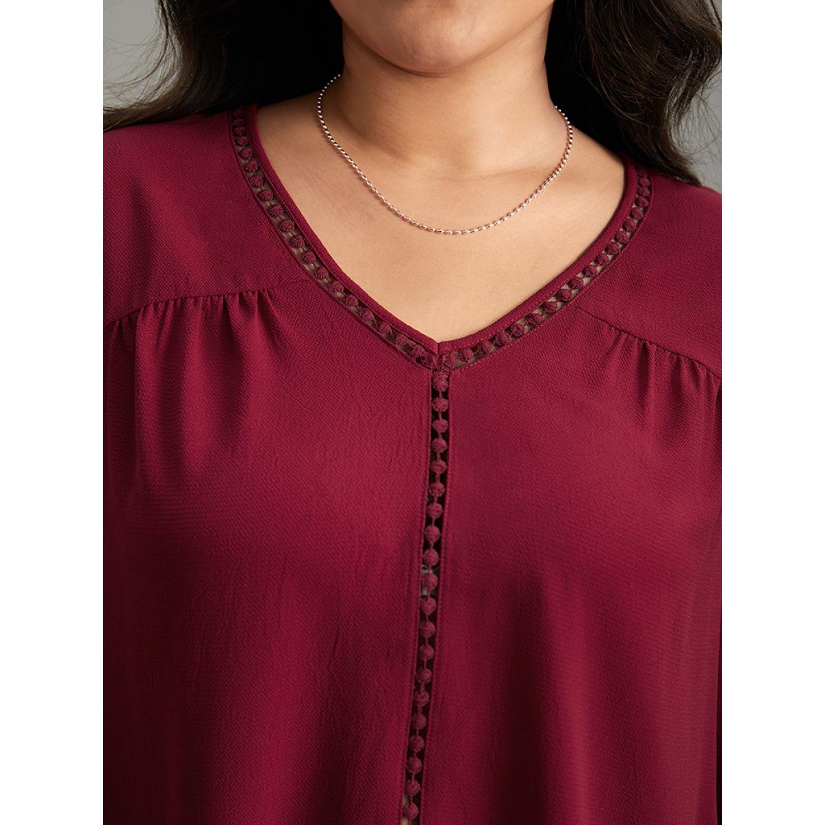 Plus Size Scarlet Plain Lace Patchwork Gathered Lantern Sleeve Blouse Women Elegant Elbow-length sleeve V-neck Dailywear Blouses BloomChic 28/5X Product Image