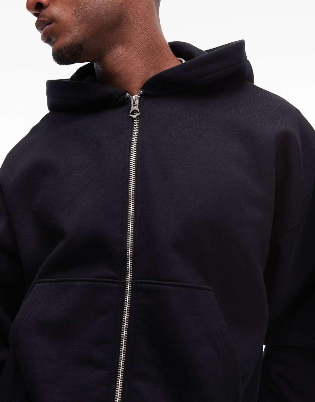 Topman premium heavyweight oversized full zip hoodie in black Product Image