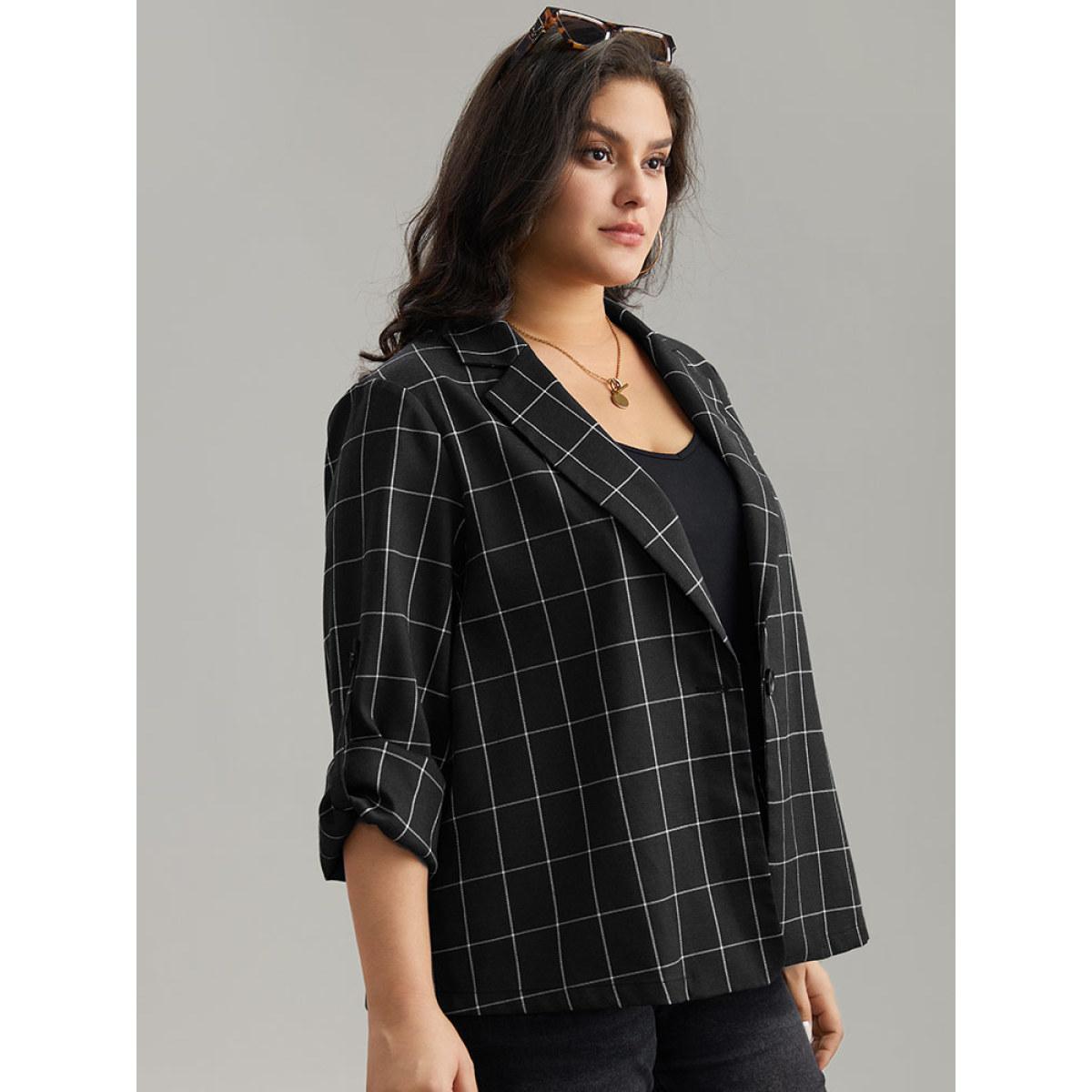 Plus Size Plaid Suit Collar Tab Sleeve Button Up Blazer Black Women Dailywear Plaid Contrast Sleeve Long Sleeve Suit Collar 28/5X Casual Blazers BloomChic Product Image