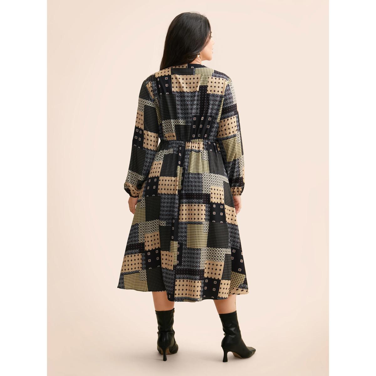 Plus Size Colorblock Contrast Notched Lantern Sleeve Dress Multicolor Women At the Office Button Flat collar with V-notch Long Sleeve Curvy BloomChic 22-24/3X Product Image