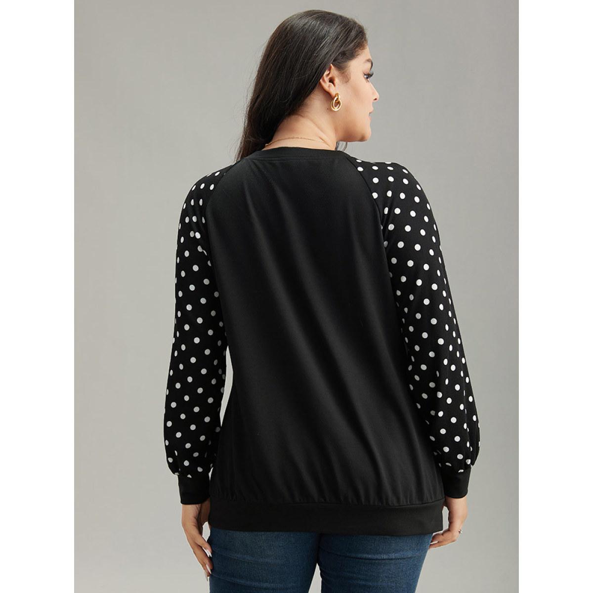 Plus Size Polka Dot Patchwork Raglan Sleeve Sweatshirt Women Black Casual Elastic cuffs Round Neck Everyday Sweatshirts BloomChic 14-16/1X Product Image