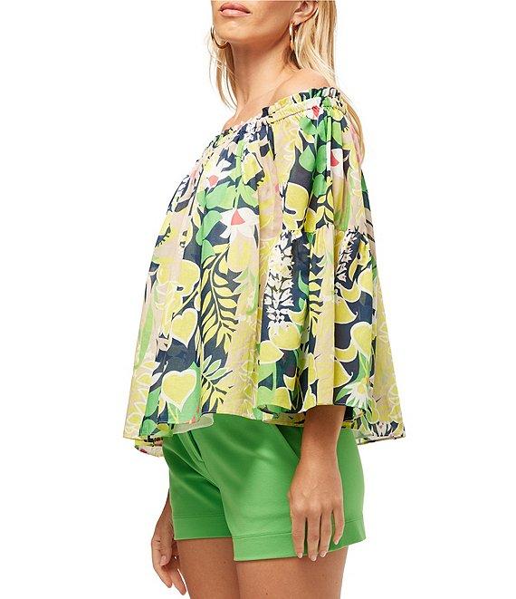 Trina Turk Perry Voile Tropical Palm Spring Print Off-The-Shoulder Long Sleeve Blouse Product Image