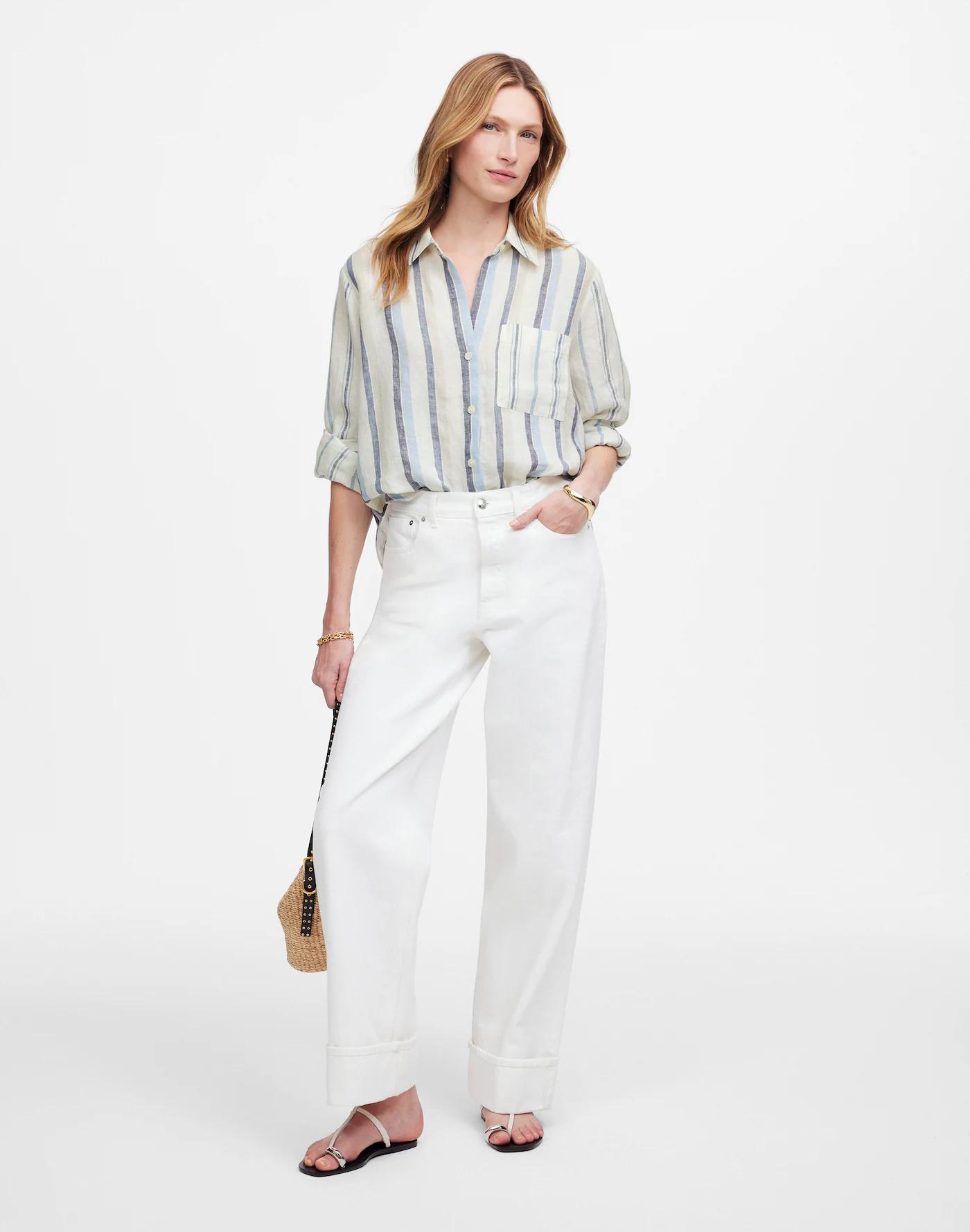 Linen Easy Y-Neck Button-Up Shirt in Mixed Stripe Product Image