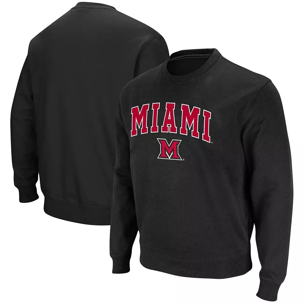 Men's Colosseum Black Miami University RedHawks Arch & Logo Tackle Twill Pullover Sweatshirt,  Product Image